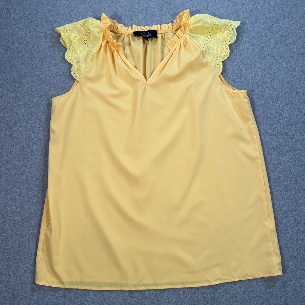 Cori Lane Eyelett Flutter Sleeve Top Women's XL yellow V-Neck Ruffle Blouse